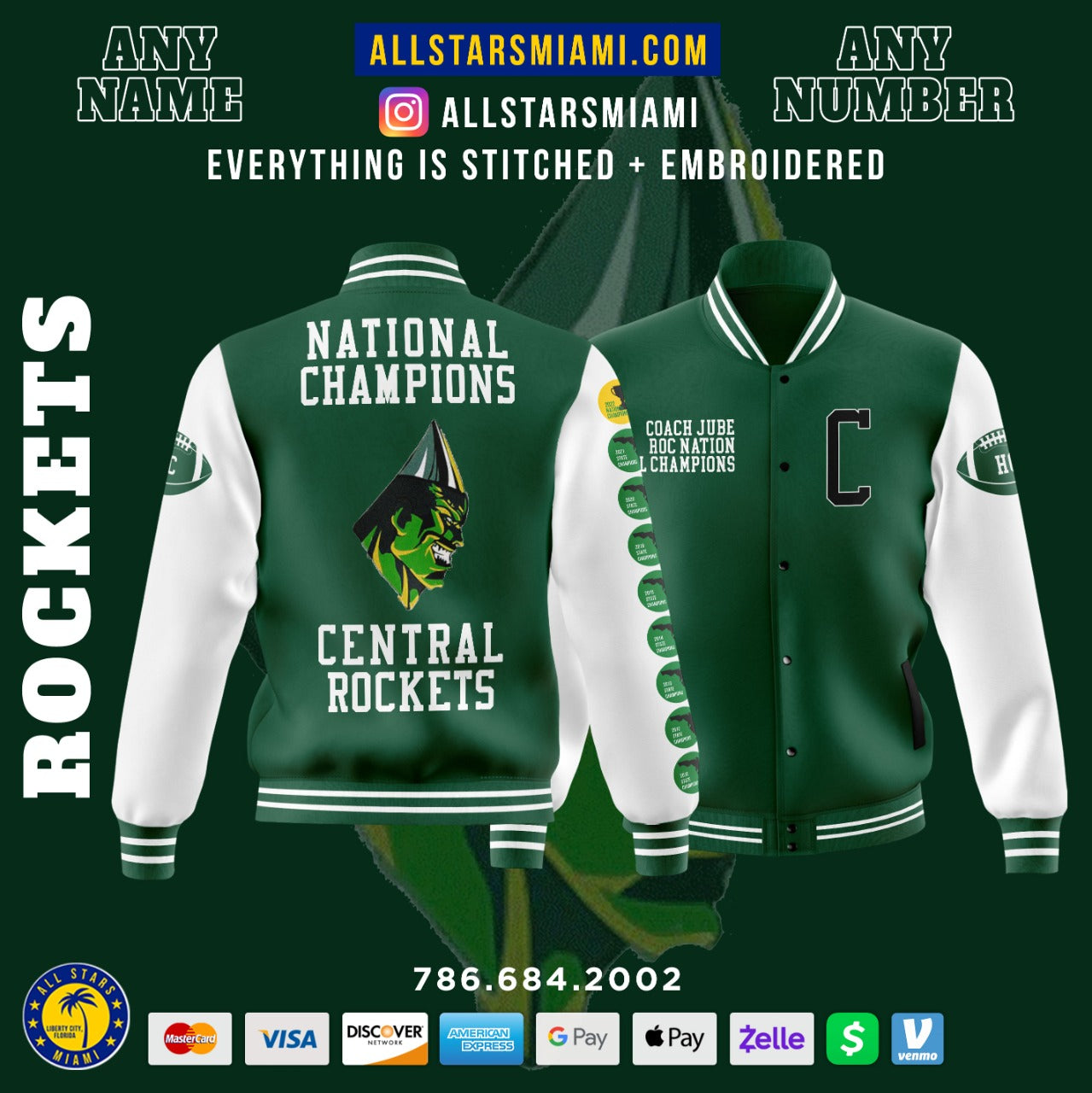 EXCLUSIVE NATIONAL CHAMPIONSHIP MIAMI CENTRAL ROCKETS LETTERMAN JACKET