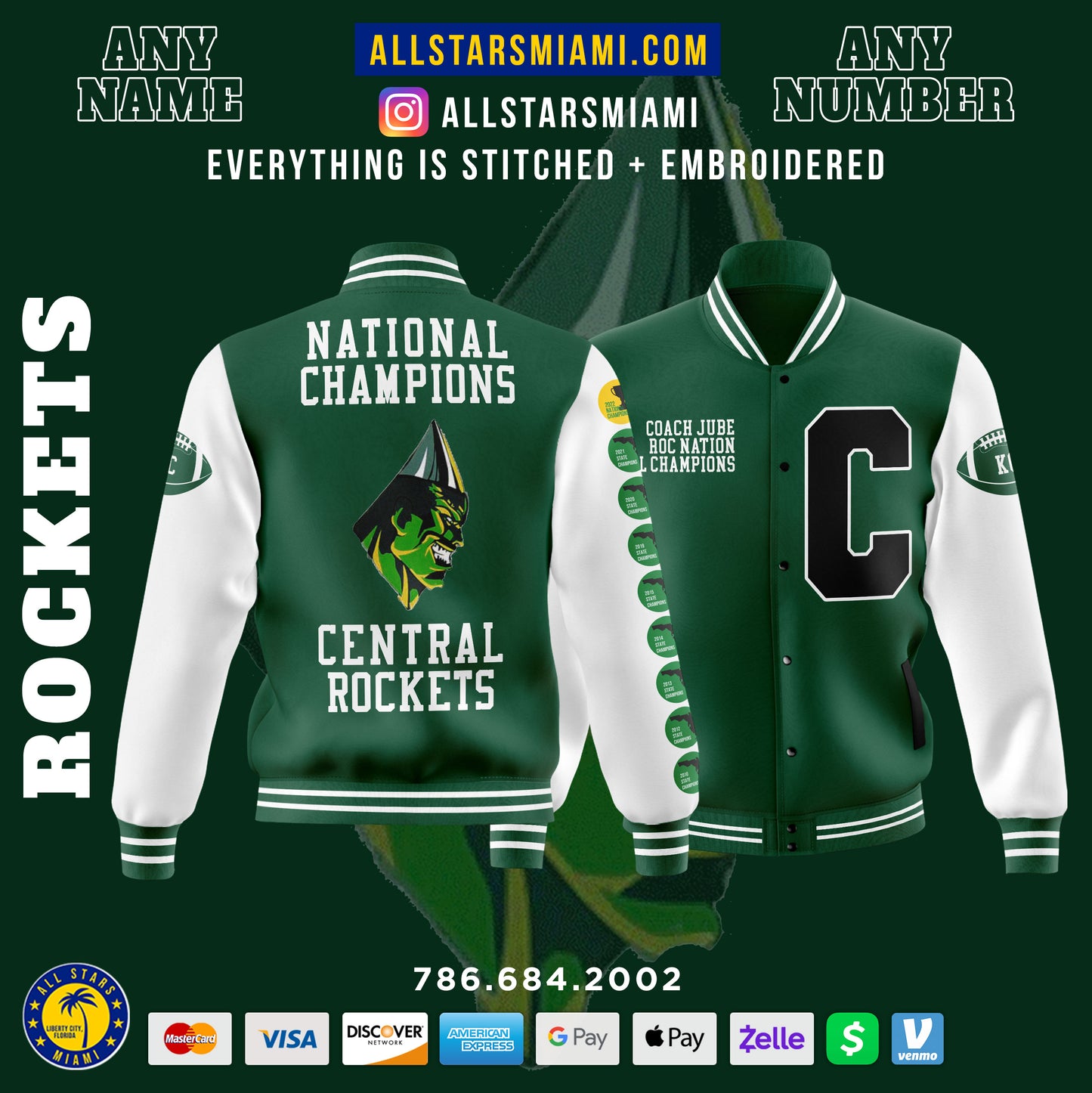 EXCLUSIVE NATIONAL CHAMPIONSHIP MIAMI CENTRAL ROCKETS LETTERMAN JACKET