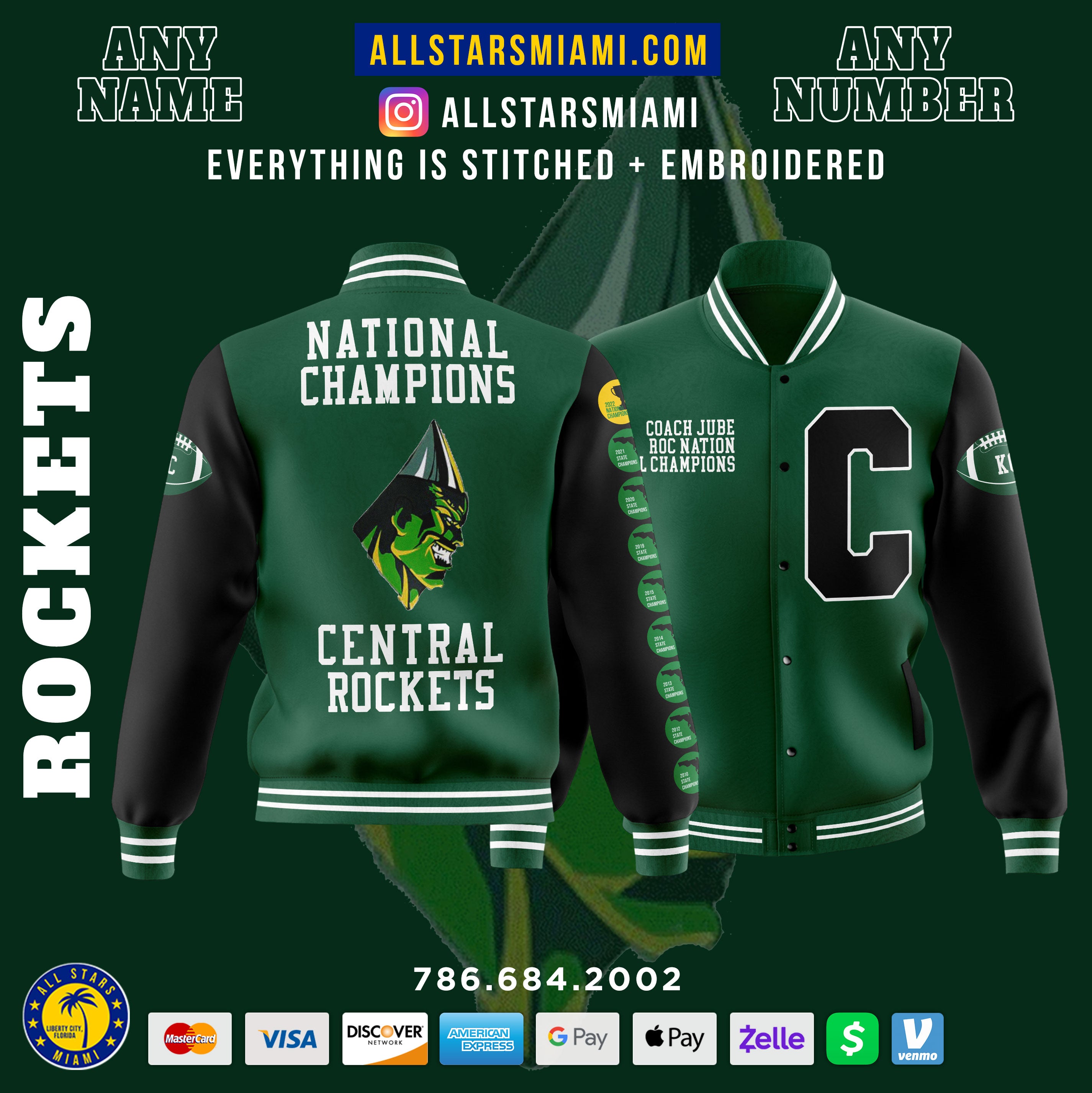 EXCLUSIVE NATIONAL CHAMPIONSHIP MIAMI CENTRAL ROCKETS LETTERMAN JACKET ...