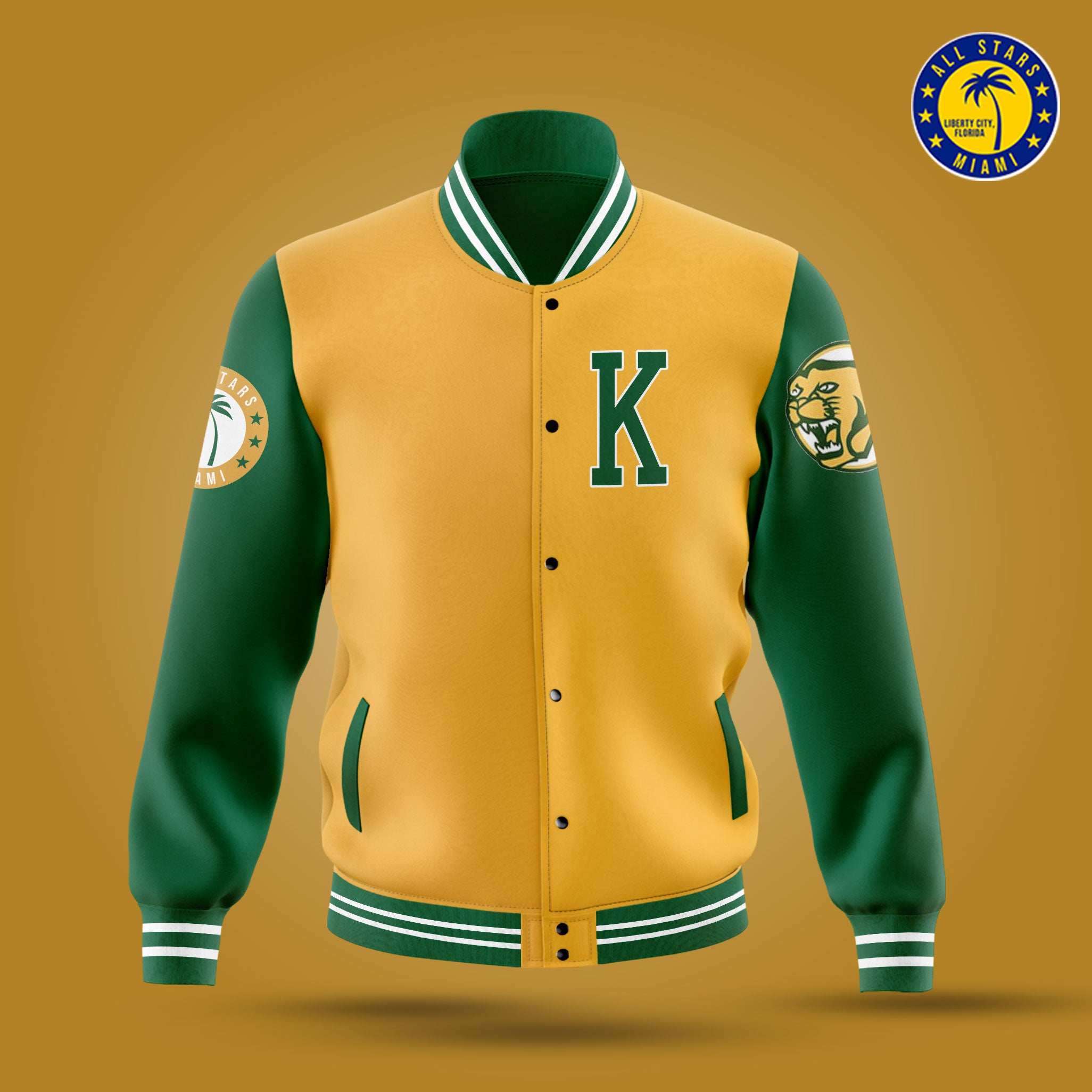 Green and clearance gold letterman jacket